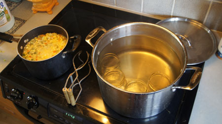 cooking the relish and sterilizing the jars